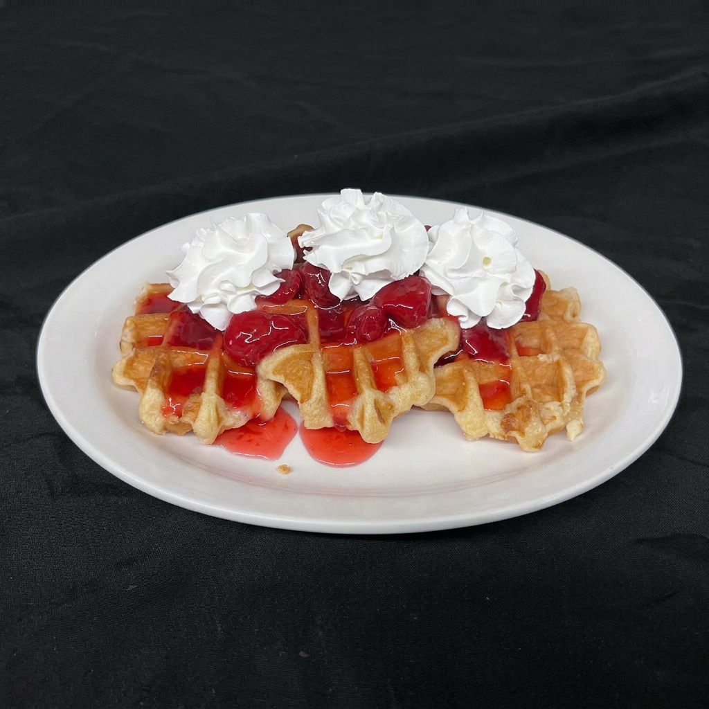 Belgian waffle topped with strawberries and whipped cream