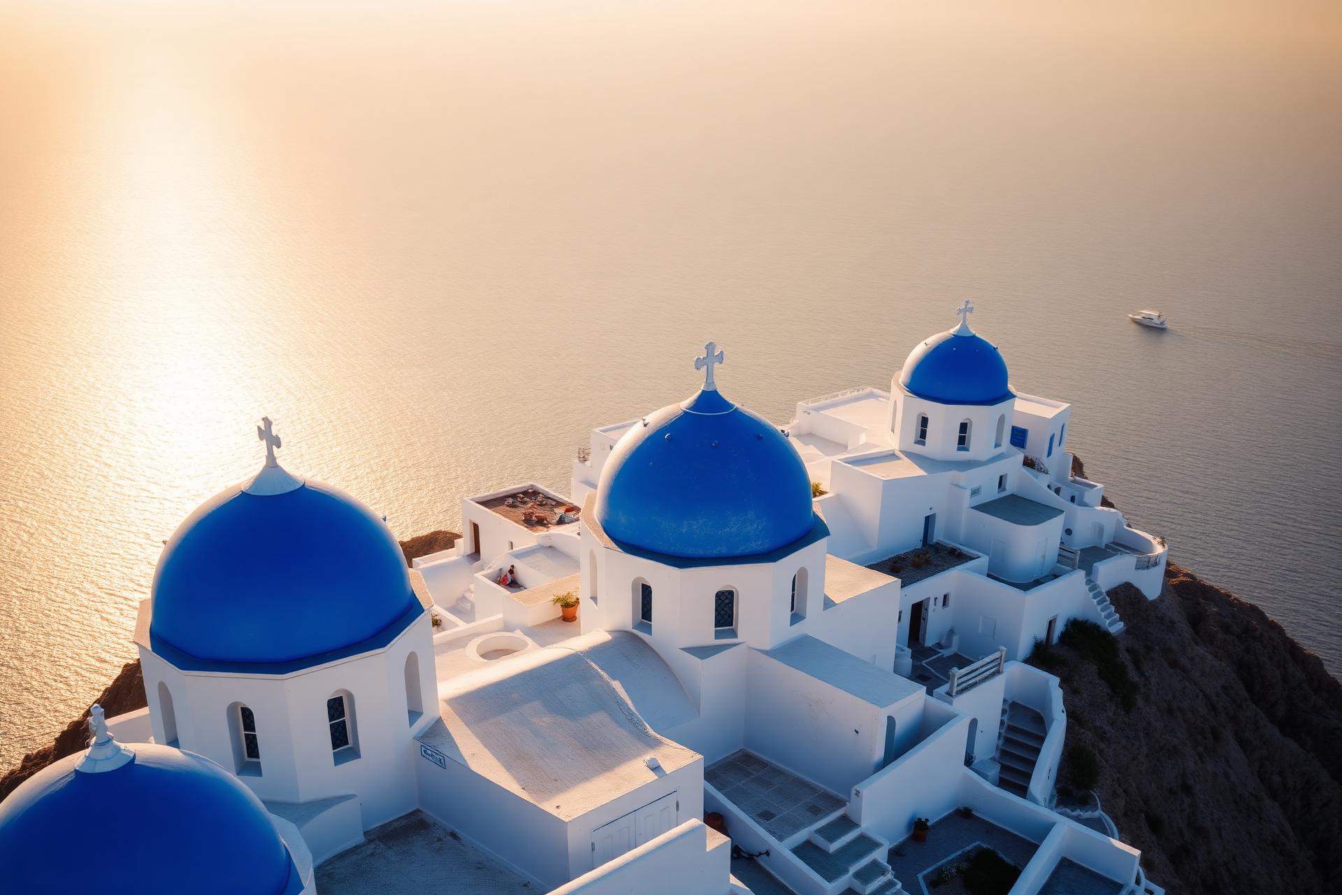 Santorini, Greece — whitewashed buildings with blue domes over the Aegean sea